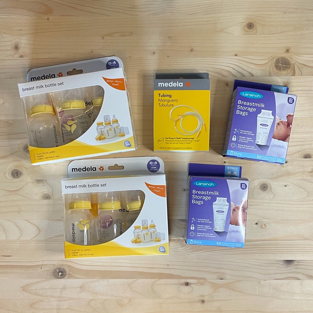 Medela Breastmilk Bottle Set, Pump Tubing and Lansinoh Storage Bags Brand New OS
